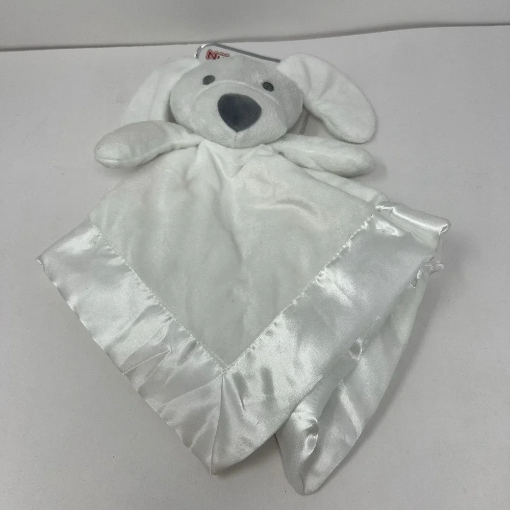 Nuby Security Blanket OS White Dog Plush Satin Trim Puppy Lovey
